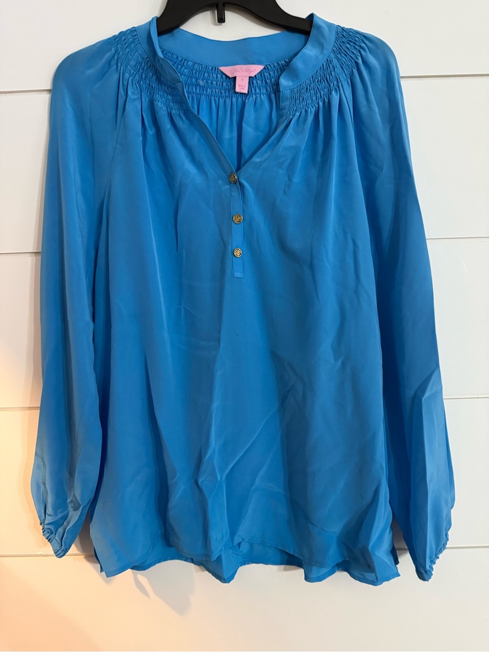 NWOT Lilly Pulitzer Elsa Top Brilliant Blue 100% Silk Smocked Blouse Small Flaws